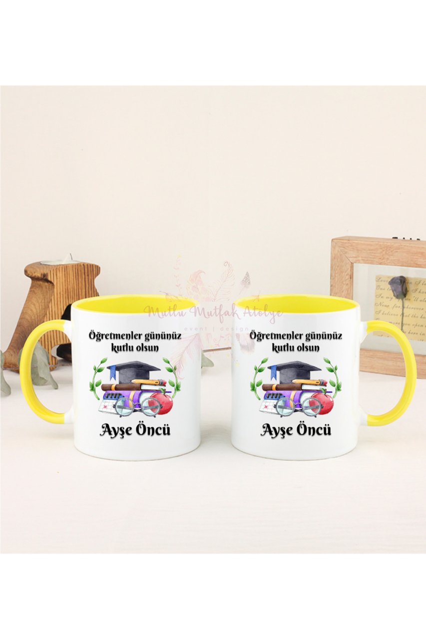 Kişiye Özel Öğretmenler Günü Hediyesi İsimli Canım Öğretmenim  İkili Sarı Kupa Bardak