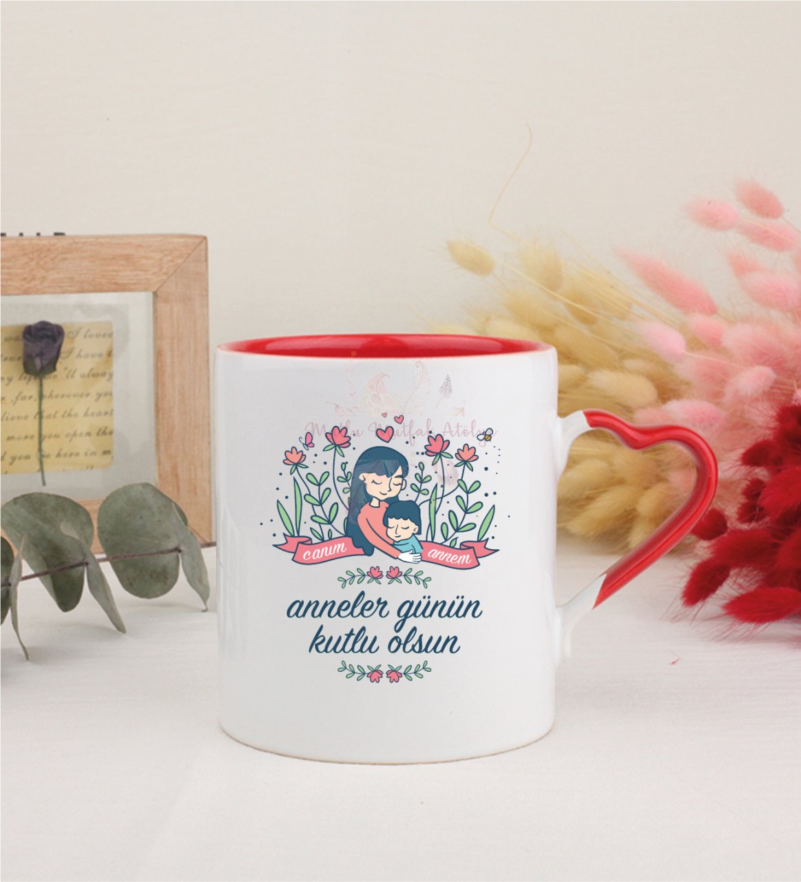 Anneler Günü Kırmızı Kalpli Kupa Bardak