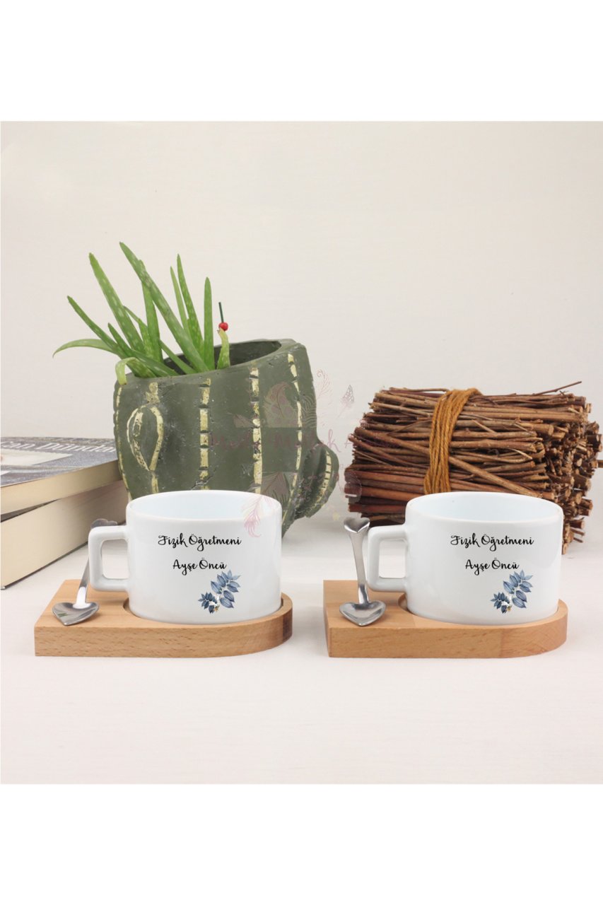 Kişiye Özel Öğretmenler Günü Hediyesi İsimli Çiçek Motifli Meslek İkili Ahşap Altlıklı Fincan