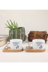 Kişiye Özel Öğretmenler Günü Hediyesi İsimli Çiçek Motifli Meslek İkili Ahşap Altlıklı Fincan