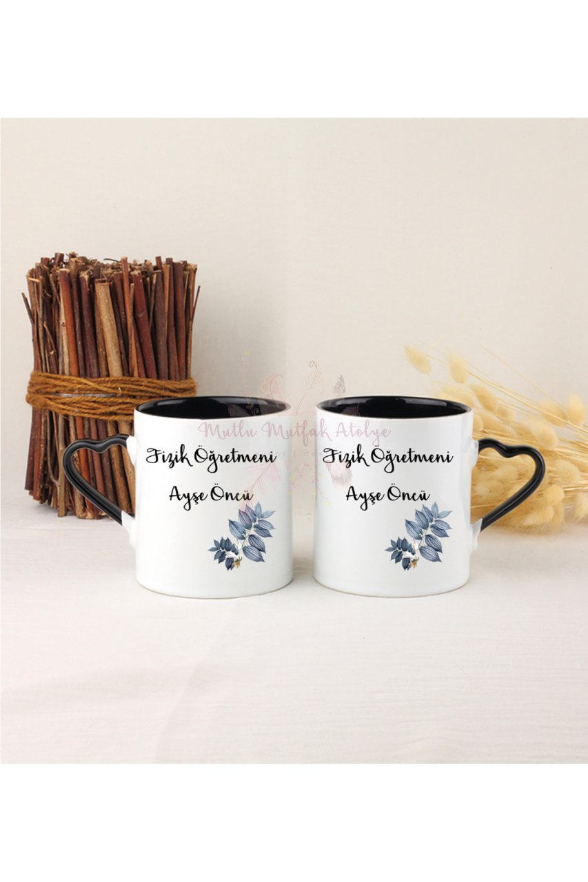 Kişiye Özel Öğretmenler Günü Hediyesi İsimli Çiçek Motifli Meslek İkili Siyah Kalpli Kupa Bardak