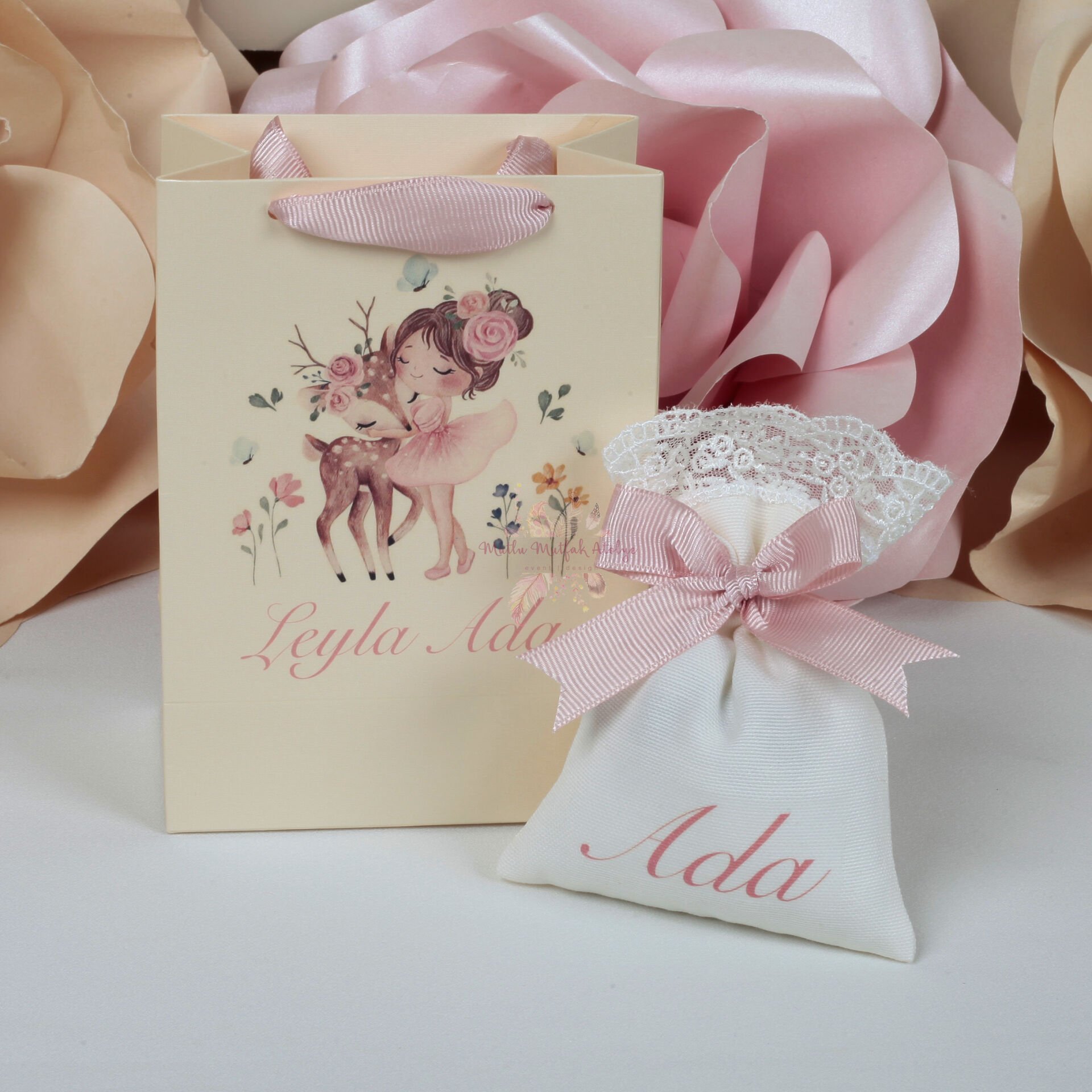 Ceylan Figürlü Lavanta Kesesi ve Baskılı Çanta Seti | Kız Bebek Doğum & Doğum Günü Hediyelikleri