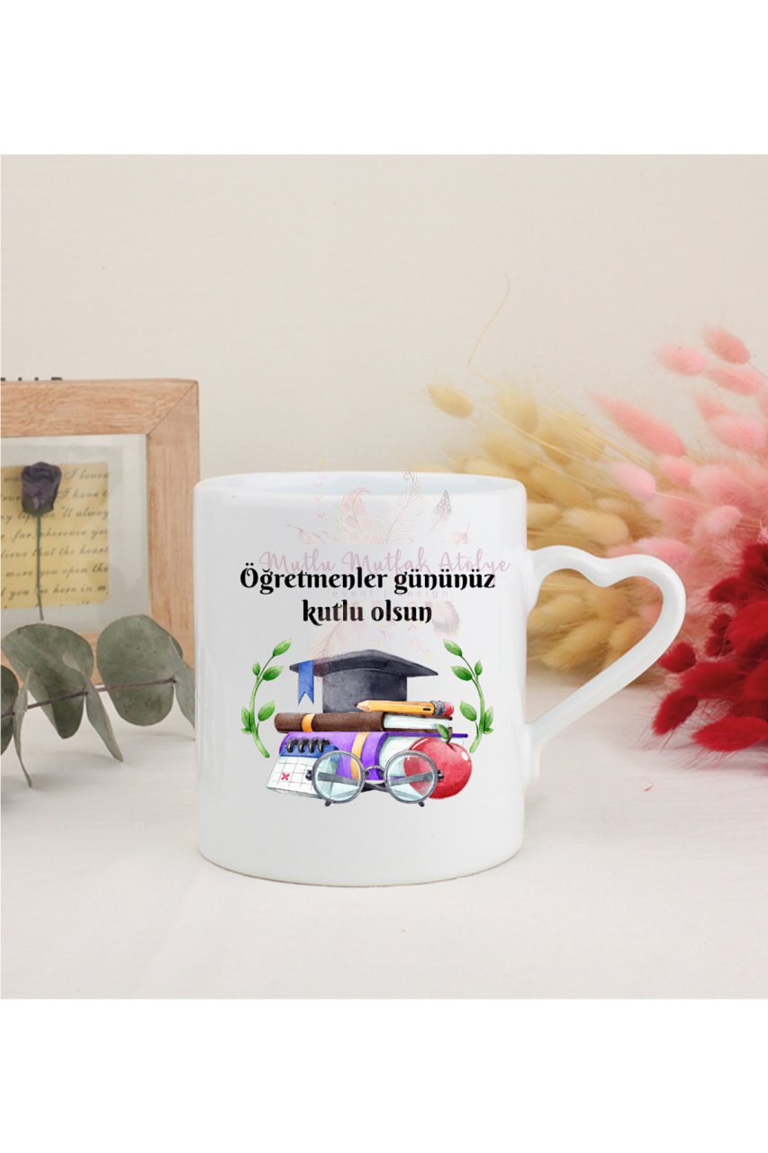 Öğretmenler Günü Hediyesi Beyaz Kalpli Kupa Bardak