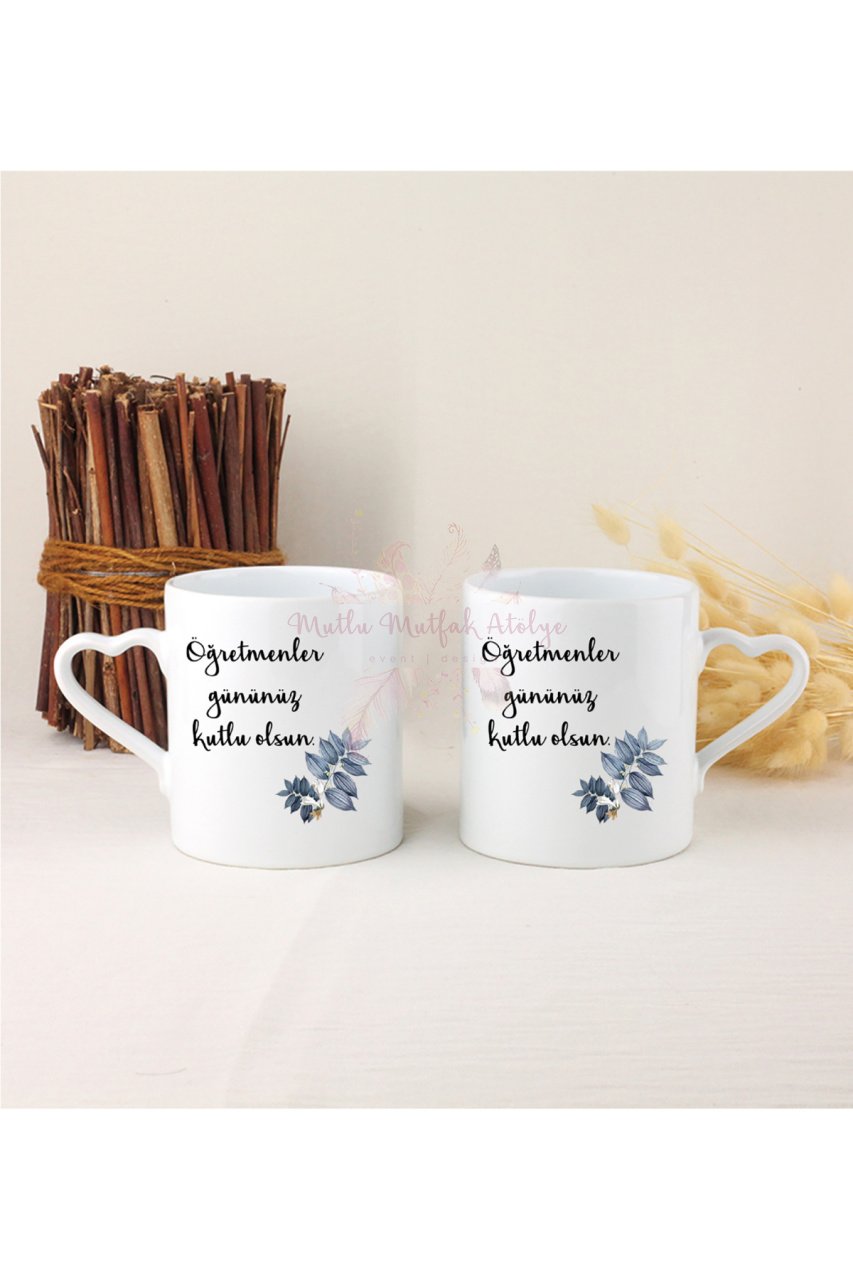 Öğretmenler Günü Hediyesi  İkili Beyaz Kalpli Kupa Bardak