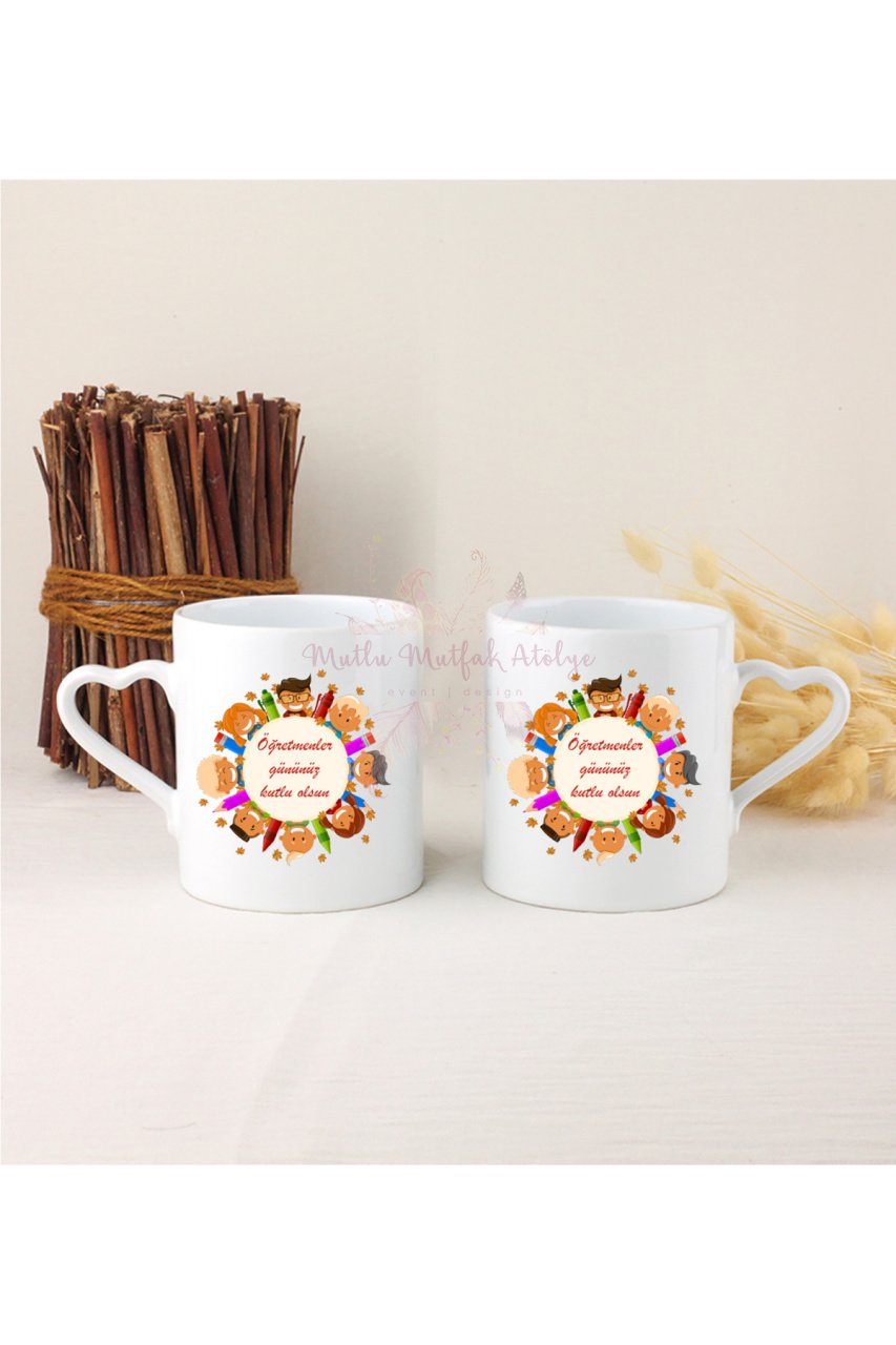 Öğretmenler Günü Hediyesi  İkili Beyaz Kalpli Kupa Bardak