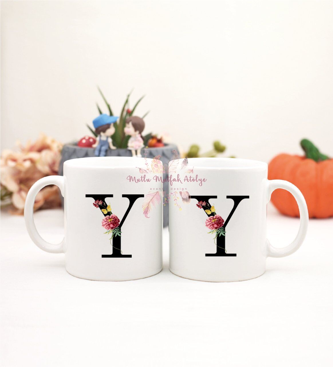 Y Harfi Çiçek Desenli İkili Kupa Bardak