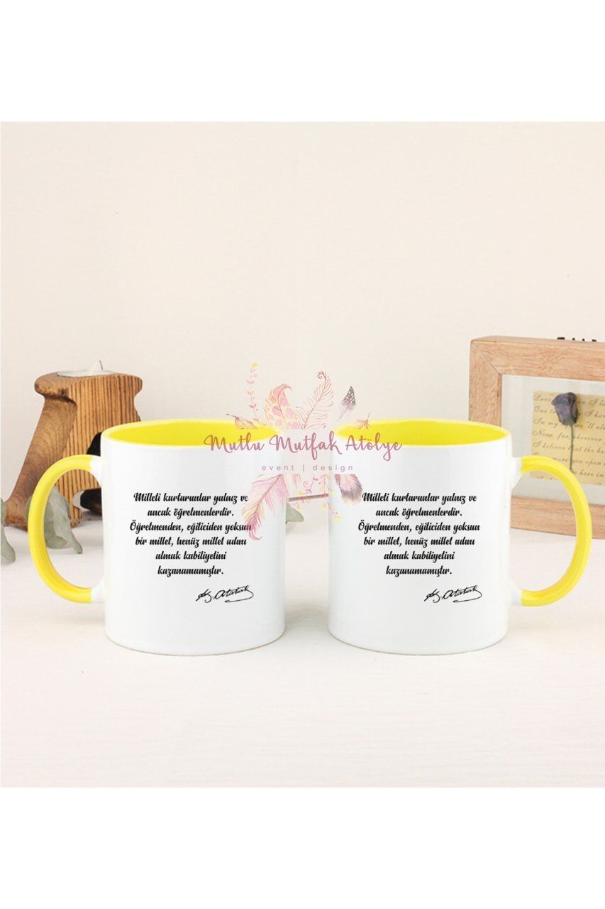 Öğretmenler Günü Hediyesi Atatürk  İkili Sarı Kupa Bardak