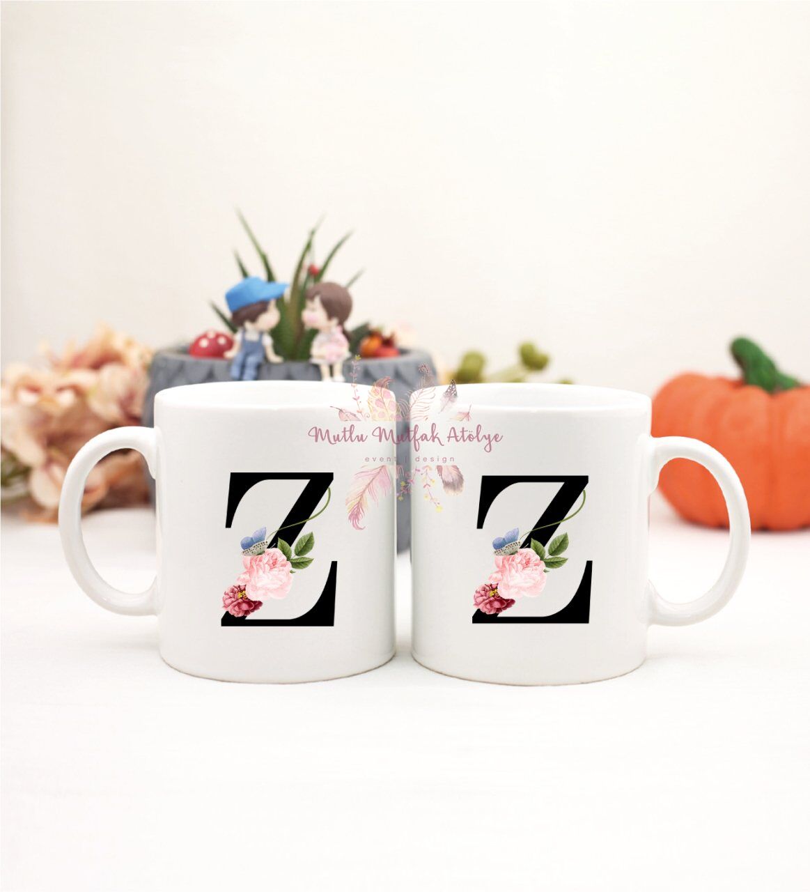 Z Harfi Çiçek Desenli İkili Kupa Bardak