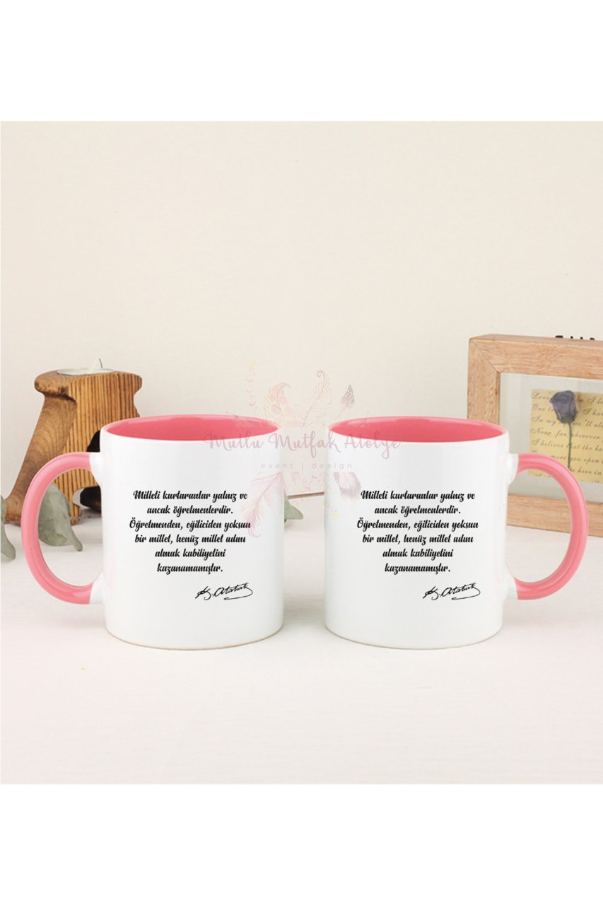 Öğretmenler Günü Hediyesi Atatürk  İkili Pembe Kupa Bardak
