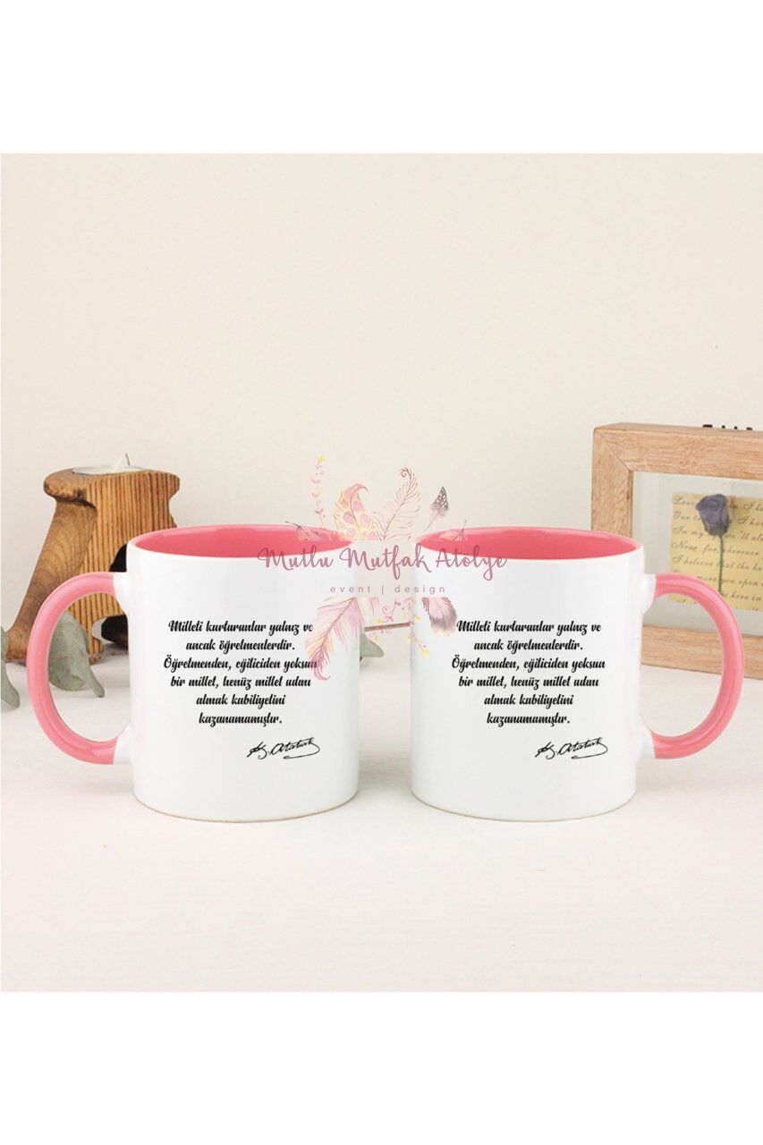 Öğretmenler Günü Hediyesi Atatürk  İkili Pembe Kupa Bardak