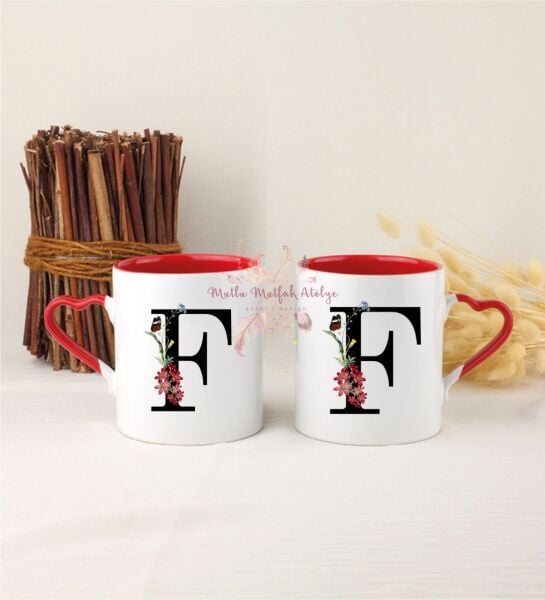 F Harfi Çiçek Desenli İkili Kırmızı Kalpli Kupa Bardak
