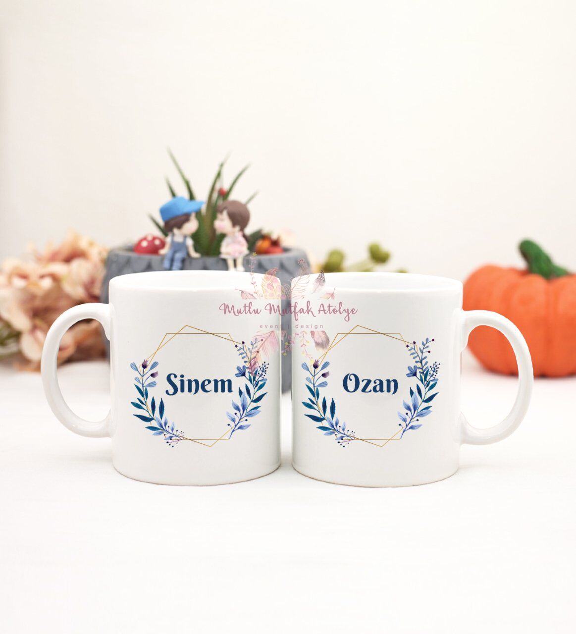 Kişiye Özel İsimli Çiçek Motifli İkili Kupa Bardak