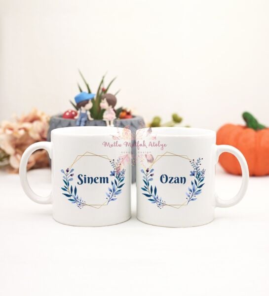 Kişiye Özel İsimli Çiçek Motifli İkili Kupa Bardak