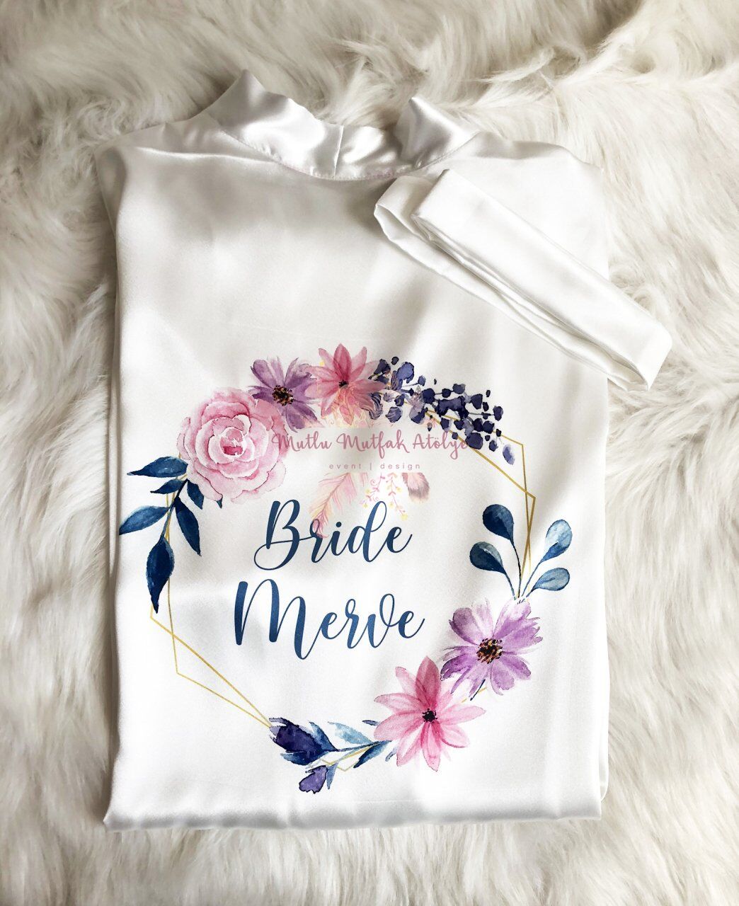 Gelin Sabahlığı Mavi Pembe Çiçekli