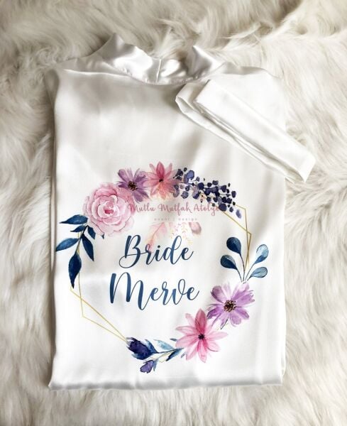 Gelin Sabahlığı Mavi Pembe Çiçekli