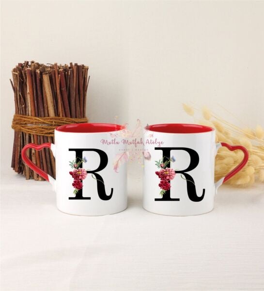 R Harfi Çiçek Desenli İkili Kırmızı Kalpli Kupa Bardak