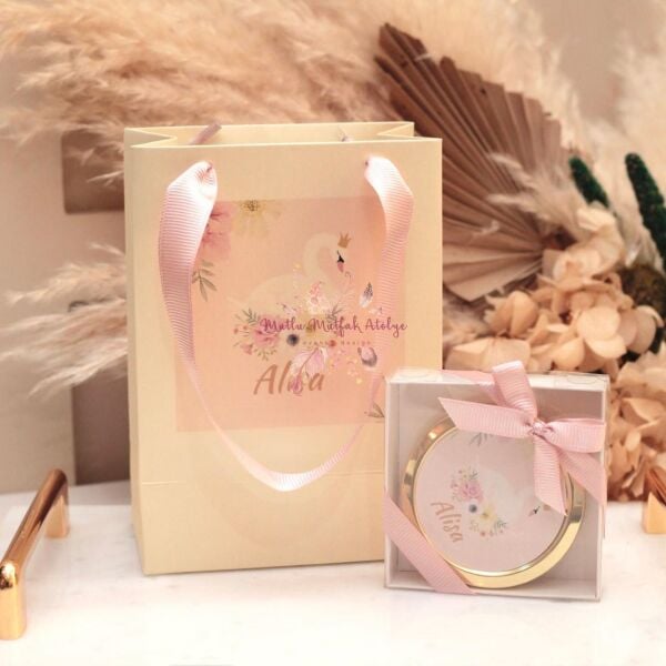 Hediyelik Kutulu Gold Ayna Ve Baskılı Karton Çanta Seti