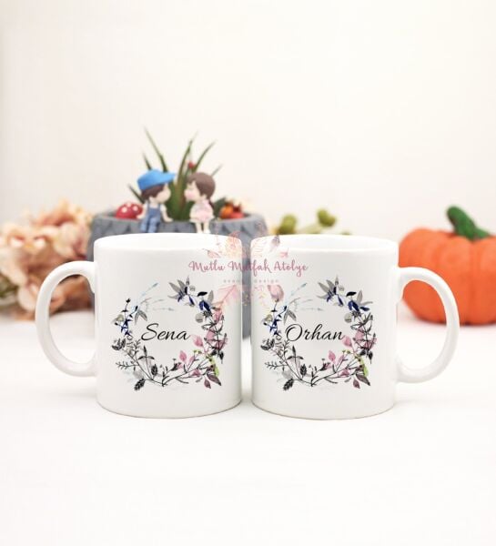 Kişiye Özel İsimli Çiçek Motifli İkili Kupa Bardak