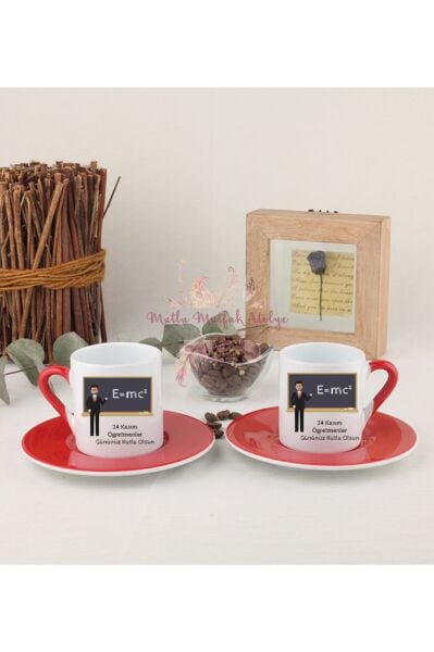 Öğretmenler Günü Hediyesi Erkek Öğretmen İkili Kırmızılı Türk Kahvesi Fincanı