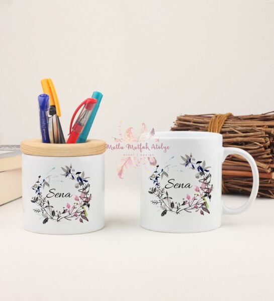 Kişiye Özel İsimli Çiçek Motifli Kalemlik ve Kupa Bardak