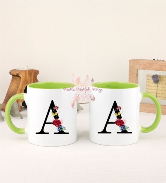 A Harfi Çiçek Desenliİkili Yeşil Kupa Bardak