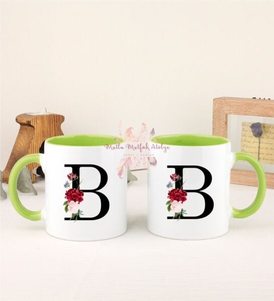 B Harfi Çiçek Desenliİkili Yeşil Kupa Bardak