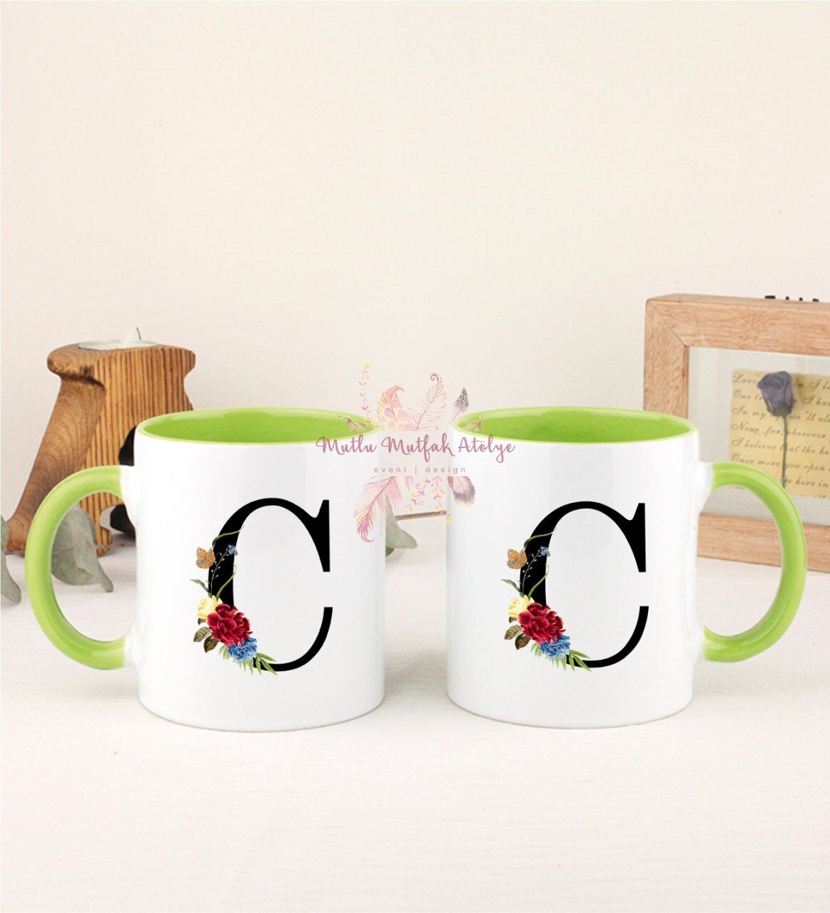 C Harfi Çiçek Desenliİkili Yeşil Kupa Bardak