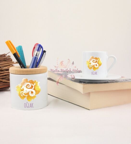Türk Kahvesi Fincanı ve Kalemlik Seti Oğlak Burcu