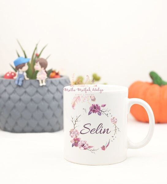 Kişiye Özel İsimli Çiçek Motifli Kupa Bardak
