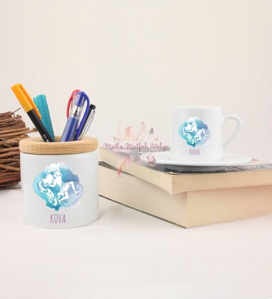 Türk Kahvesi Fincanı ve Kalemlik Seti Kova Burcu