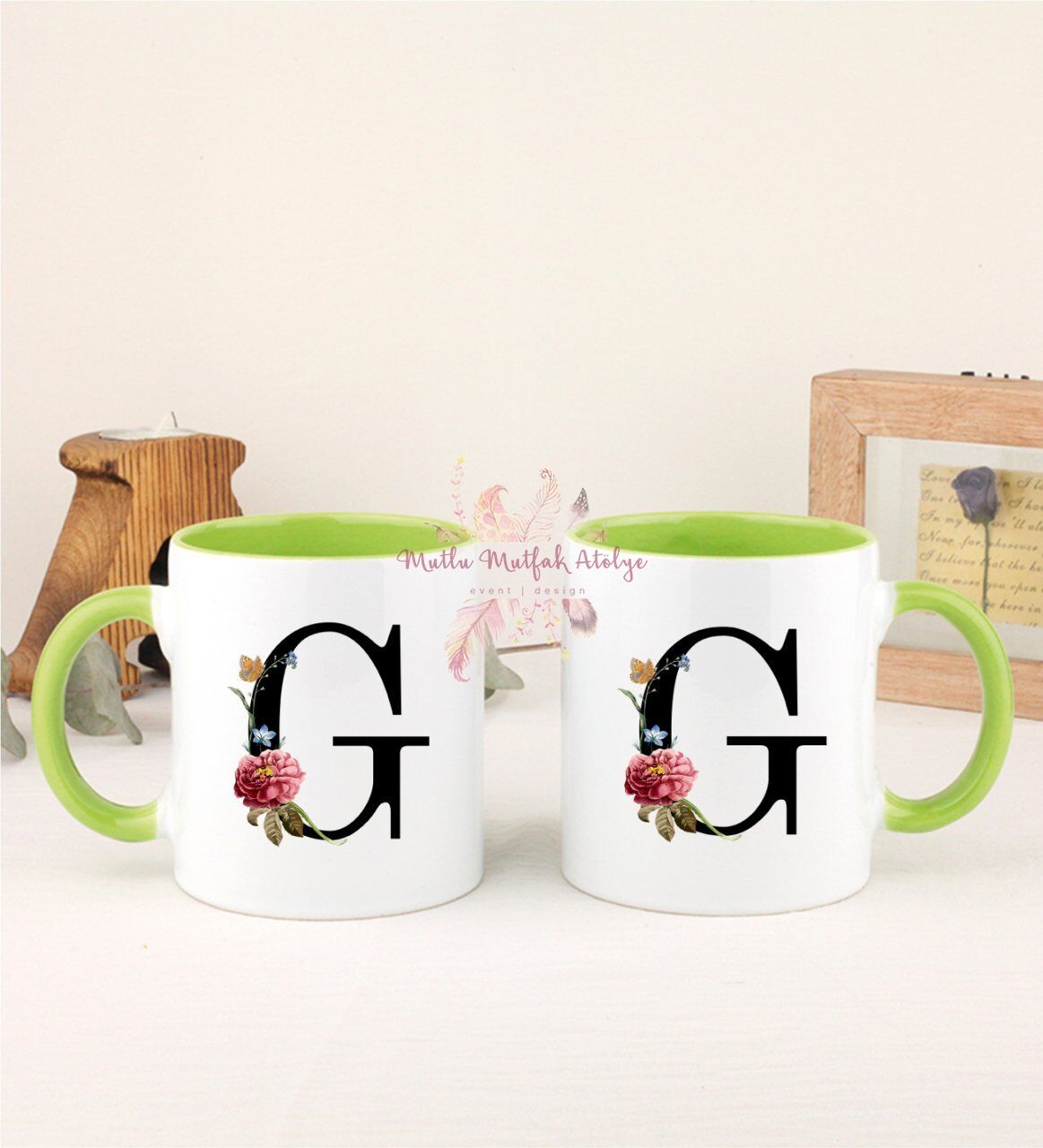 F Harfi Çiçek Desenli İkili Yeşil Kupa Bardak