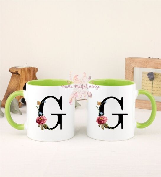 F Harfi Çiçek Desenli İkili Yeşil Kupa Bardak