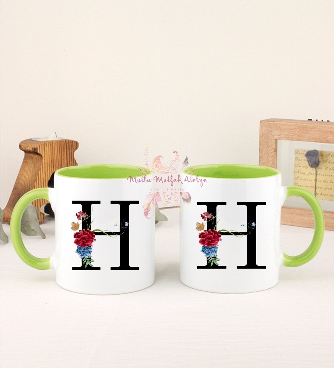 H Harfi Çiçek Desenli İkili Yeşil Kupa Bardak