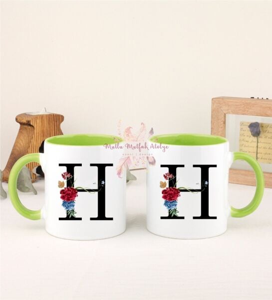 H Harfi Çiçek Desenli İkili Yeşil Kupa Bardak