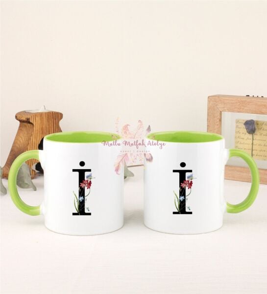 İ Harfi Çiçek Desenli İkili Yeşil Kupa Bardak