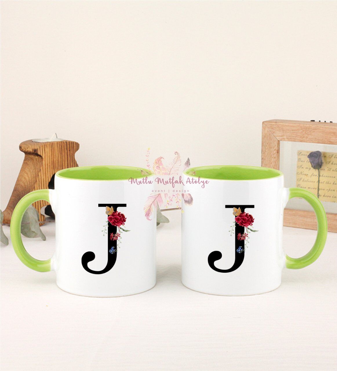 J Harfi Çiçek Desenli İkili Yeşil Kupa Bardak