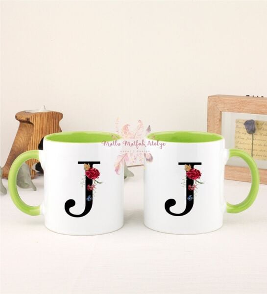 J Harfi Çiçek Desenli İkili Yeşil Kupa Bardak