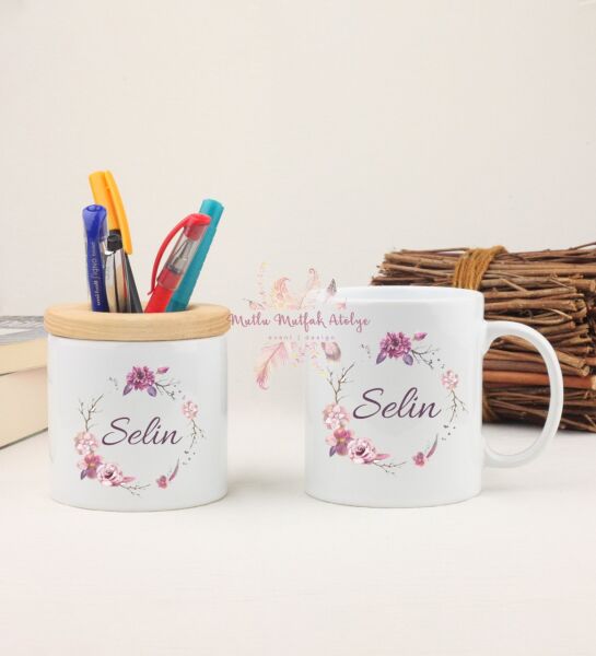 Kişiye Özel İsimli Çiçek Motifli Kalemlik ve Kupa Bardak