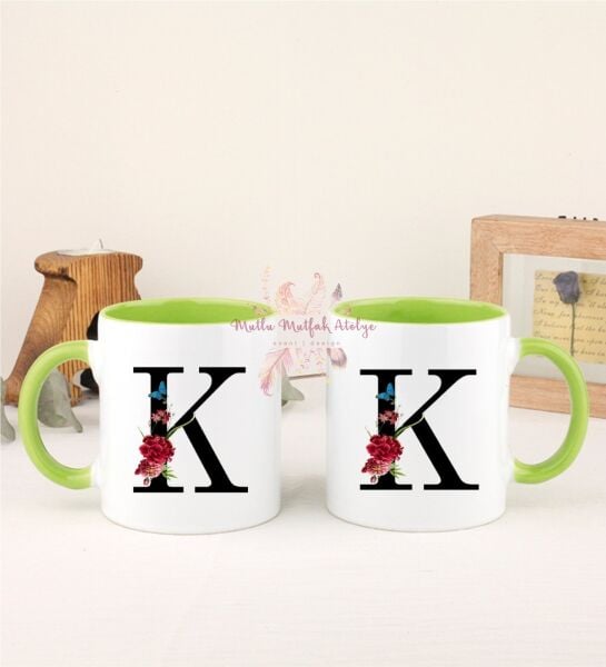 K Harfi Çiçek Desenli İkili Yeşil Kupa Bardak