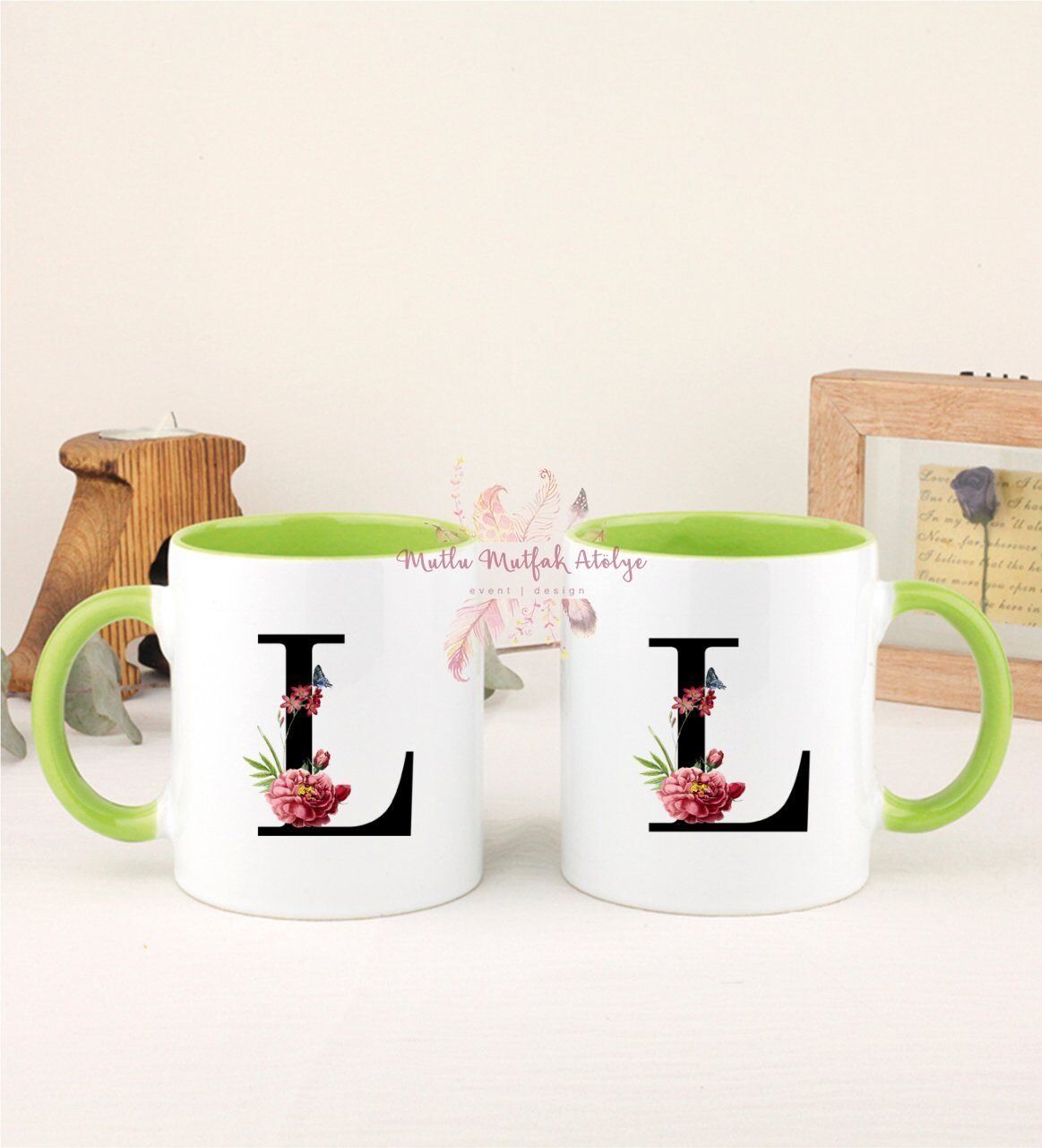 L Harfi Çiçek Desenli İkili Yeşil Kupa Bardak