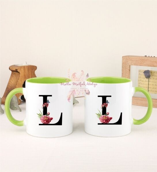 L Harfi Çiçek Desenli İkili Yeşil Kupa Bardak