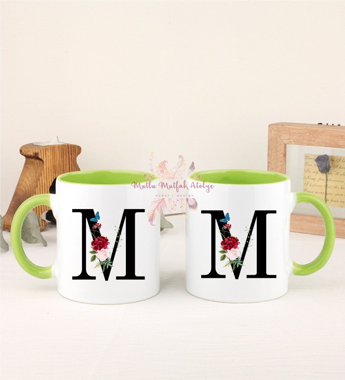 M Harfi Çiçek Desenli İkili Yeşil Kupa Bardak