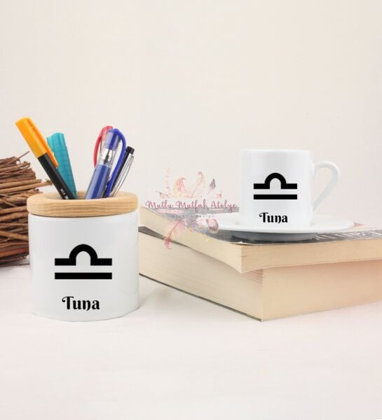 Kişiye Özel Türk Kahvesi Fincanı ve Kalemlik Seti Terazi Burcu