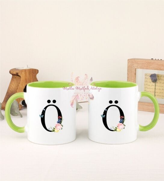 Ö Harfi Çiçek Desenli İkili Yeşil Kupa Bardak