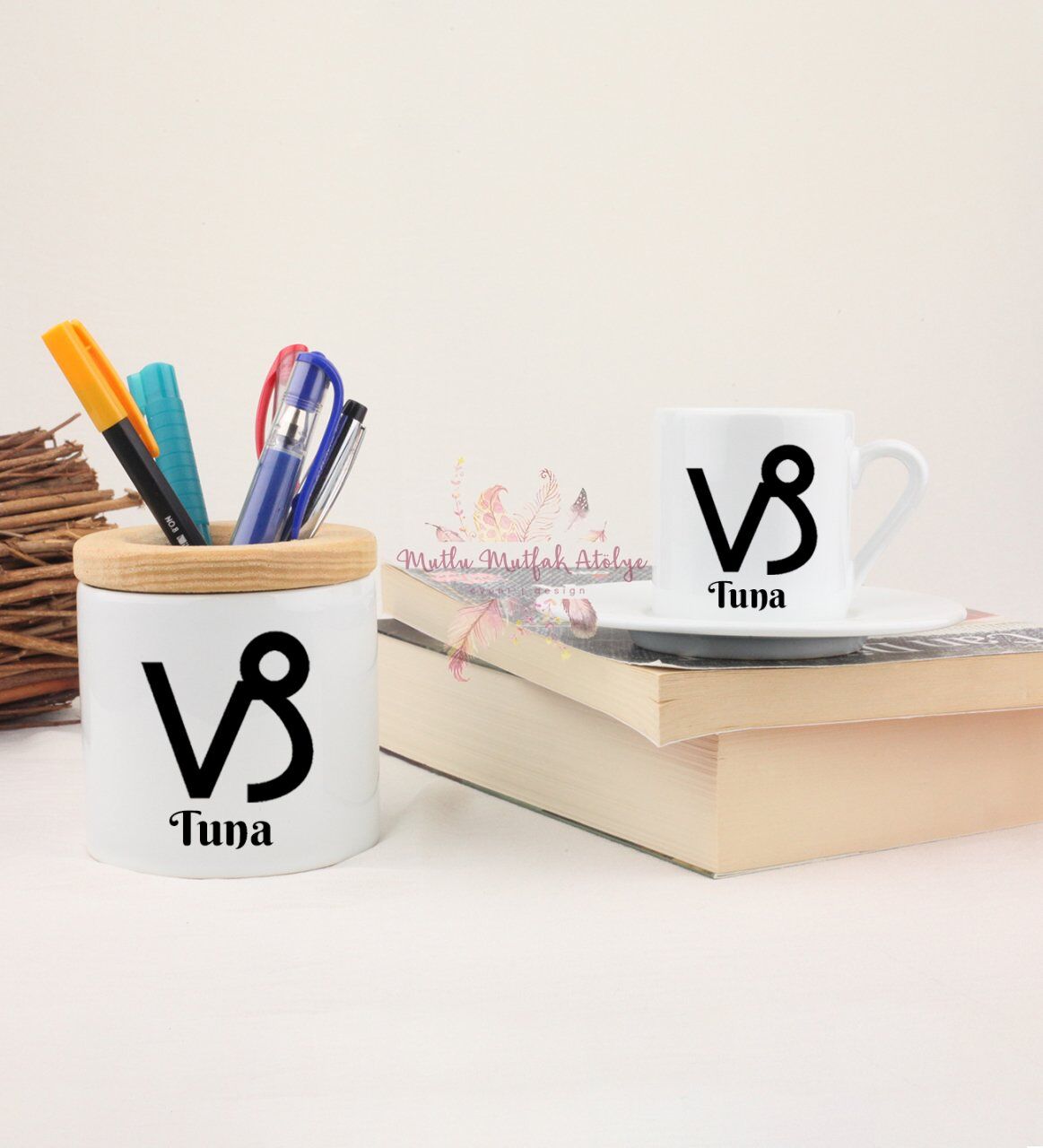 Kişiye Özel Türk Kahvesi Fincanı ve Kalemlik Seti Oğlak Burcu