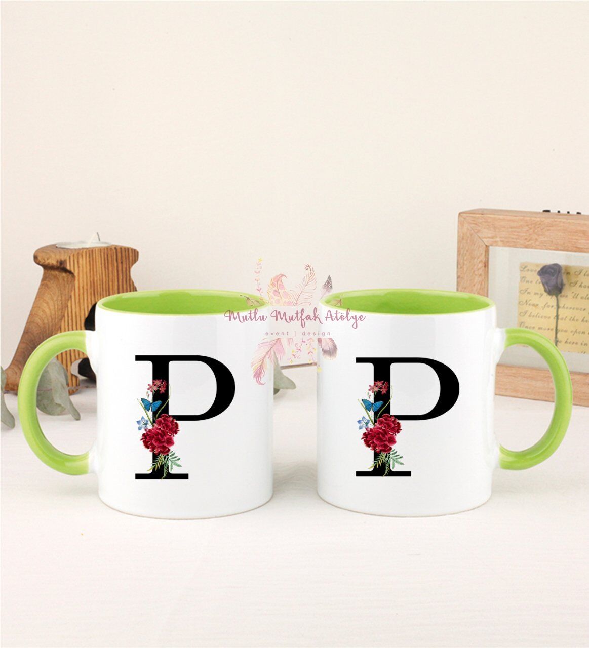 P Harfi Çiçek Desenli İkili Yeşil Kupa Bardak