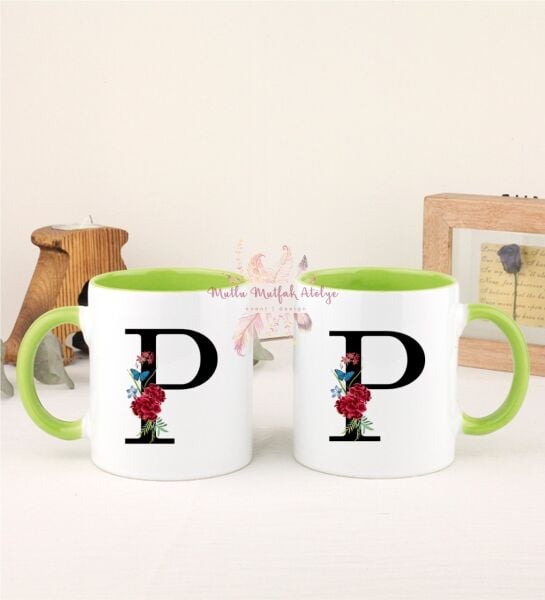 P Harfi Çiçek Desenli İkili Yeşil Kupa Bardak