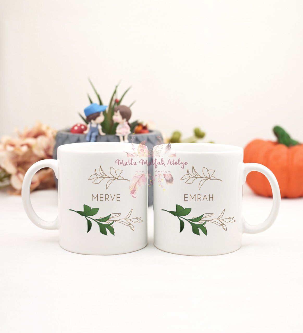 Kişiye Özel İsimli Çiçek Motifli İkili Kupa Bardak