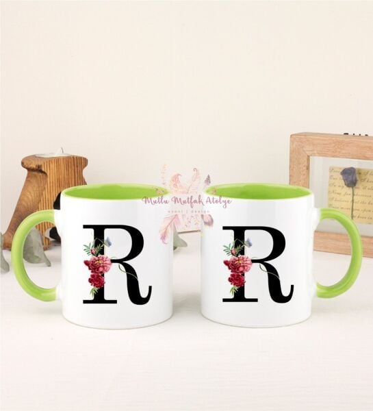 R Harfi Çiçek Desenli İkili Yeşil Kupa Bardak