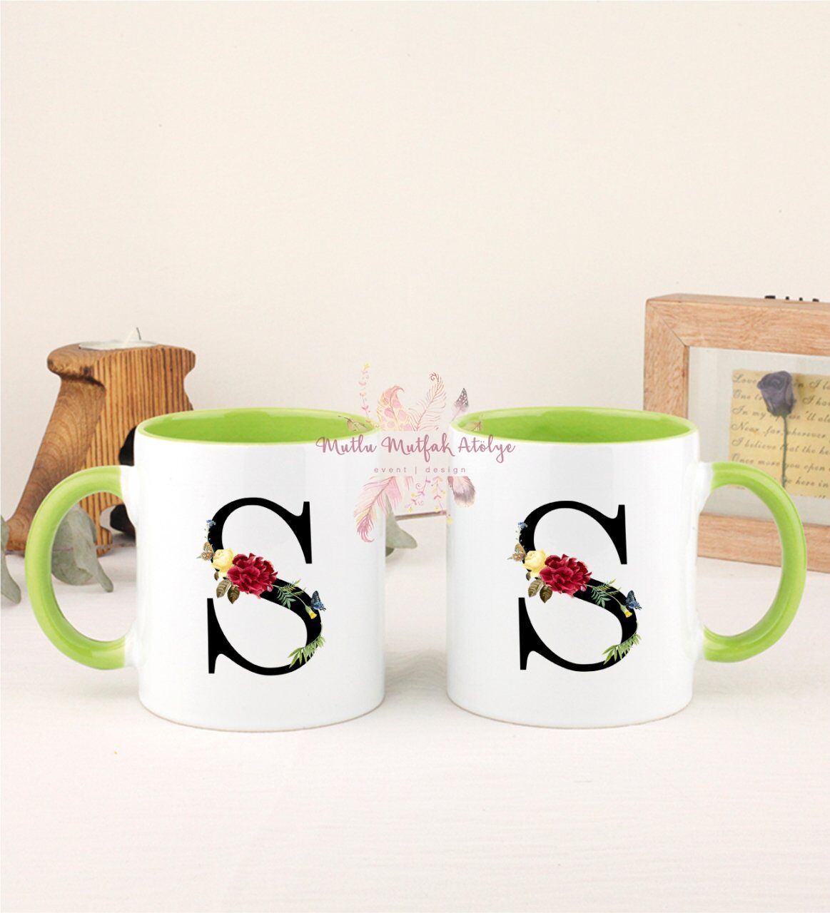 S Harfi Çiçek Desenli İkili Yeşil Kupa Bardak